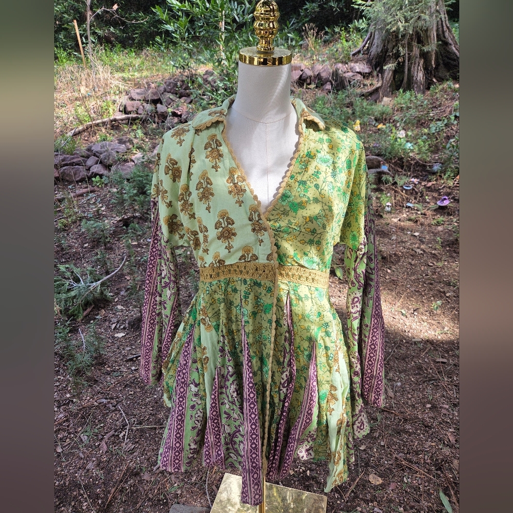 Free People Green Patchwork Boho Bell Sleeve Top Size XS‎